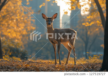 an environmental problem, a deer standing in a quiet urban park 127519727