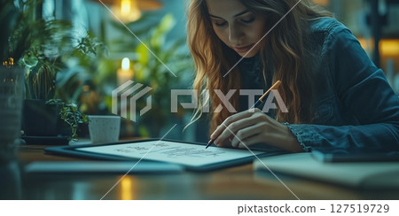a young professional using a touchscreen interface to organize a digital project timeline 127519729