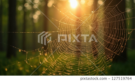 Dewkissed spider webs glistening in golden morning light over lush forest background 127519764