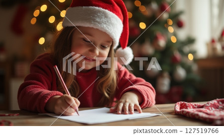 Happy girl in red santa hat writes a letter to Santa Claus 127519766
