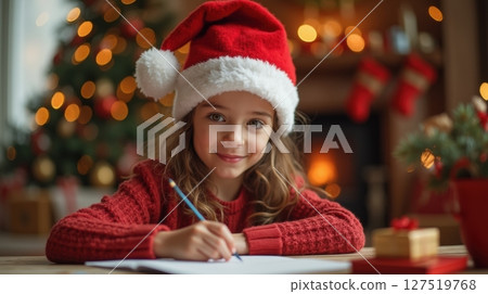 Happy girl in red santa hat writes a letter to Santa Claus 127519768