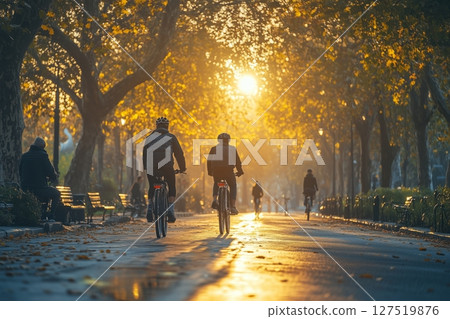 a family cycling together on a bike lane in a pedestrian friendly urban area, with benches, trees, and public art installations along the path, soft afternoon light 127519876
