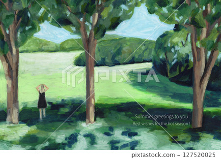 Summer greeting card with illustration of a plateau landscape of sunlight filtered through the trees drawn with oil pastels 127520025