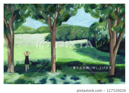 Summer greeting card with illustration of a plateau landscape of sunlight filtered through the trees drawn with oil pastels 127520026