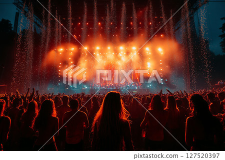festivalgoers enjoying a live concert, with a brightly lit stage and vibrant lighting effects, the energy of the crowd 127520397