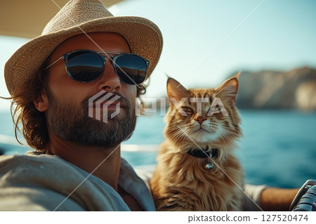 A curious cat sits at the yachts console, gazing at the sea horizon 127520474
