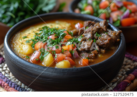 Paraguayan sopa paraguaya, cornbread-like dish, served alongside hearty beef stew and a fresh tomato salad, with a traditional woven tablecloth in the background, natural lighting 127520475