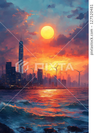a futuristic coastal city with sleek wind turbines dotting the shoreline 127520481
