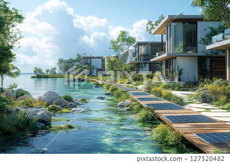 a futuristic coastal city with solar panel lined boardwalks, wind turbines 127520482