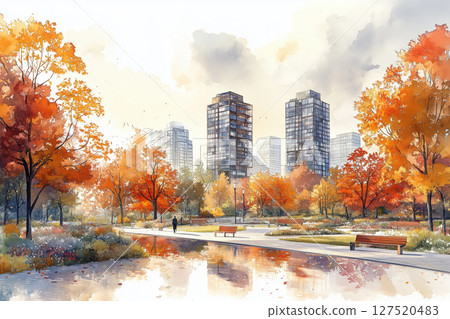 a vibrant urban park with solar powered streetlights and smart benches a vibrant urban park with solar powered streetlights and smart benches 127520483