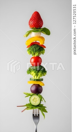 Fresh fruit and vegetable on fork with strawberry, broccoli, cucumber, tomato. Healthy food and diet concept for nutrition. 127520531