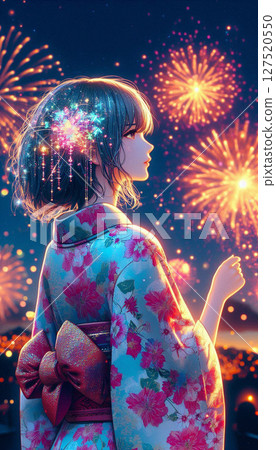 夏夜，一位身著浴衣的日本年輕女子凝視著煙火 127520550