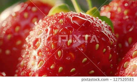Freshly harvested strawberries glisten with dew in the sunlight in a lush garden during summer morning 127520583