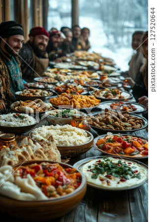 a Sabantuy table filled with traditional dishes like chak chak and baursak, guests in traditional clothing enjoying the feast 127520644