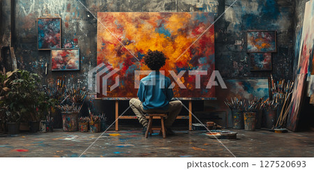 a teenage artist painting a large canvas in a bright studio, surrounded by brushes, paint splatters, and art supplies, with clean space on the right for text or branding 127520693