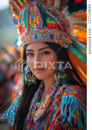 a traditional Inti Raymi parade, participants in vibrant Andean costumes, ornate headdresses, and colorful robes a traditional Inti Raymi parade, participants in vibrant Andean costumes, ornate headdresses, and colorful robes 127520694