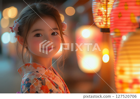 a young girl wearing a floral yukata, holding a lit lantern at an Obon festival 127520706
