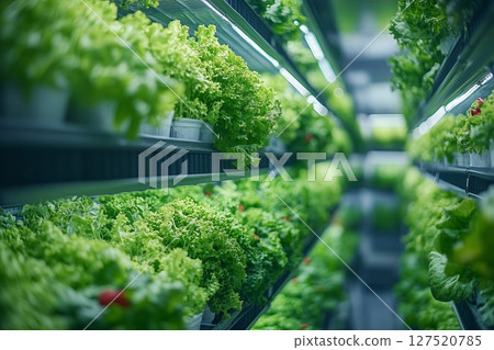 a high tech hydroponic setup with vertical towers of plants, automated watering system visible 127520785