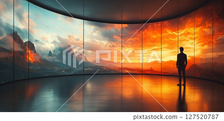 a man standing in front of a large curved LED screen displaying a 3D immersive landscape, empty space on the right for text 127520787