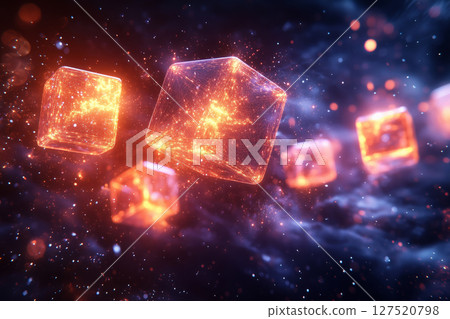Abstract composition of glowing wireframe spheres and cubes 127520798