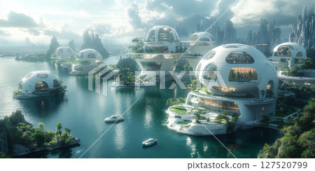 A modern floating home integrates horticultural landscaping and renewable energy 127520799
