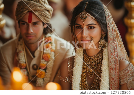 a bride and groom during a traditional Hindu wedding, seated under a mandap while a priest performs rituals, intricate decorations and golden lighting 127520805