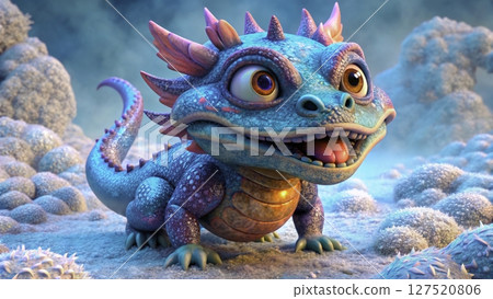 Colorful fantasy dragon in a whimsical underwater setting with vibrant marine life 127520806