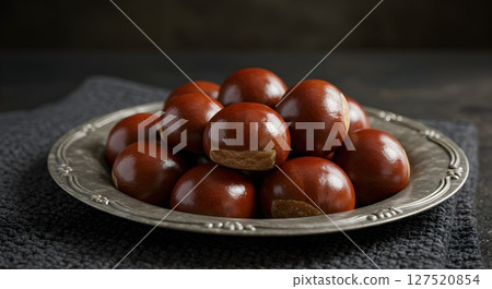 Pile of fresh edible chestnuts in a silver plate with a dark woven napkin. Autumn season harvesting and healthy snack concept. Pile of fresh edible chestnuts in a silver plate with a dark woven napkin. Autumn season harvesting and healthy snack concept. 127520854