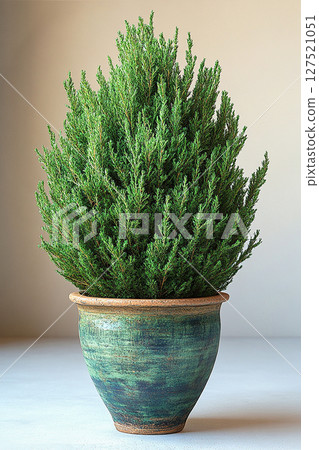 Potted beauty plant. Big Thuja tree with fleshy leaves in ceramic pot on a white background. 127521051