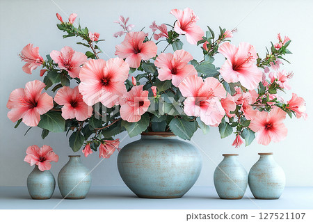 Modern living room decor. Big Hibiscus bush in vintage pot with fleshy leaves and pink flowers on a white background. 127521107