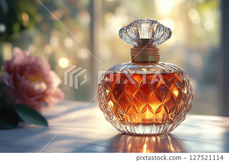 Perfume bottle with glossy on its glass surface, conveying elegance and sophistication. Ideal for high-end perfume advertisements. Perfume bottle with glossy on its glass surface, conveying elegance and sophistication. Ideal for high-end perfume advertisements. 127521114