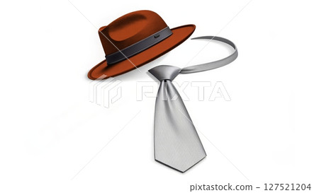 Unique red hat and silver tie create an interesting and stylish combination on a plain background 127521204