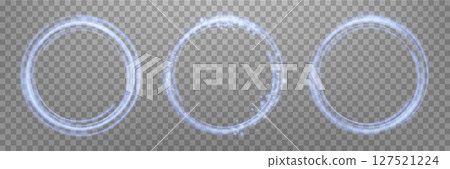 Glowing blue magic rings. Neon realistic energy flare halo rings. Abstract light effect on a dark transparent background. Vector illustration. 127521224