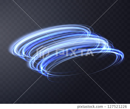 Glowing blue magic rings. Dynamic orbital flare halo ring. Neon realistic energy swoosh swirl. Abstract light effect on a dark transparent background. Vector illustration. Glowing blue magic rings. Dynamic orbital flare halo ring. Neon realistic energy swoosh swirl. Abstract light effect on a dark transparent background. Vector illustration. 127521226