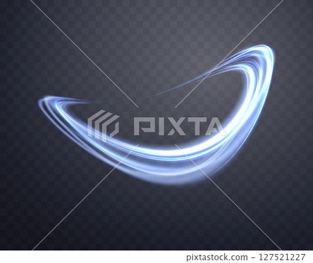 Glowing blue magic rings. Dynamic orbital flare halo ring. Neon realistic energy swoosh swirl. Abstract light effect on a dark transparent background. Vector illustration. 127521227