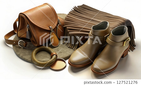 Stylish leather accessories including boots, a bag, and decor in a modern arrangement on a neutral backdrop 127521276