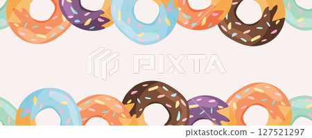Horizontal seamless donut border with top and bottom layout 127521297