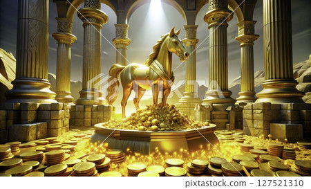 Golden horse statue surrounded by treasure in an ancient temple setting during sunset Golden horse statue surrounded by treasure in an ancient temple setting during sunset 127521310