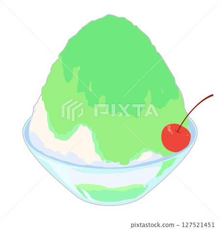玻璃碗中盛有刨冰和蜜瓜糖漿的插圖（無線條、彩色） 127521451