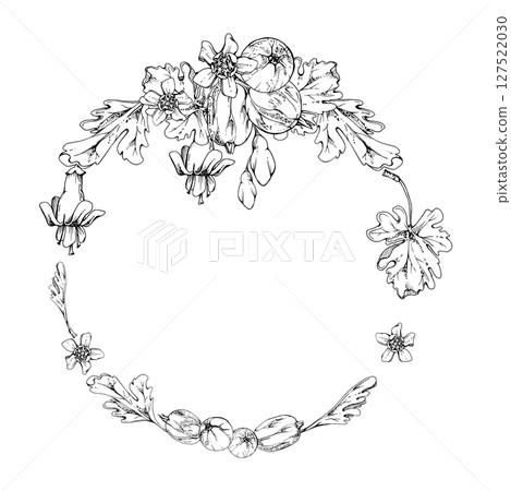 Gooseberry bell flower buds leaves, ripe garden berries wreath hand drawn in vector ink. Currant casseille huckleberry jostaberry. Isolated circle frame illustration. Wedding stationery, florist shop 127522030