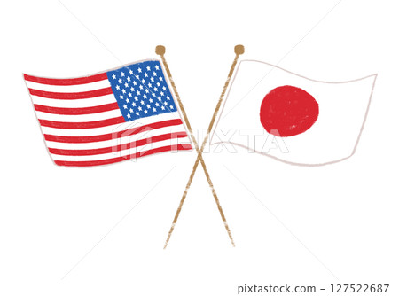 Japanese and American flags fluttering in the wind, crayon touch 127522687