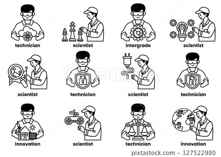 A series of men in white shirts and hats, each with a different job title 127522980