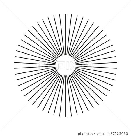 Template of circular lines. Radial circle lines. Sun star rays symbol. Spokes with radiating stripes, flat element isolated on a white. Abstract geometric shape, illusion. 127523080