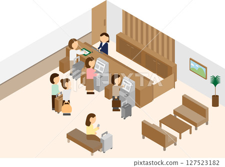 Isometric hotel front desk check-in machine image 127523182