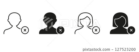 User Profile Removal Icon Set. Account Deletion And User Management Outline And Silhouette Symbol Collection. Profile Deactivation And Access Revocation. Isolated Vector Illustration 127523200