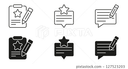Clipboard And Speech Bubble With Star And Pencil Icon Set. Feedback, Review, And Rating Outline And Silhouette Symbol Collection. Evaluation And Commenting Tools. Isolated Vector Illustration 127523203