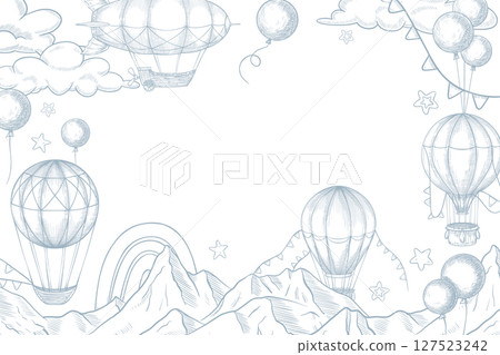 Vector frame illustration with air balloons, clouds, mountains, and rainbows in outline engraving style. Linear drawing of Template with aerostats Great for Baby shower greeting cards or invitations. 127523242