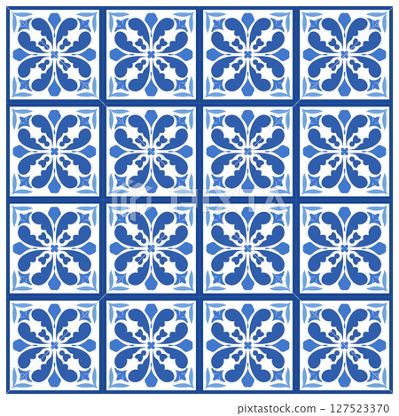Mediterranean floral seamless pattern of blue red and yellow tiles. Ethnic mosaic design of Portuguese, Italian, Spanish decorative motifs. Ornament for home textile or ceramic. Vector illustration Mediterranean floral seamless pattern of blue red and yellow tiles. Ethnic mosaic design of Portuguese, Italian, Spanish decorative motifs. Ornament for home textile or ceramic. Vector illustration 127523370
