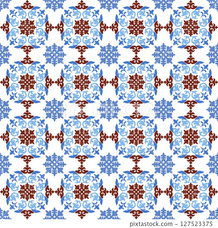 Mediterranean floral seamless pattern of blue red and yellow tiles. Ethnic mosaic design of Portuguese, Italian, Spanish decorative motifs. Ornament for home textile or ceramic. Vector illustration Mediterranean floral seamless pattern of blue red and yellow tiles. Ethnic mosaic design of Portuguese, Italian, Spanish decorative motifs. Ornament for home textile or ceramic. Vector illustration 127523375