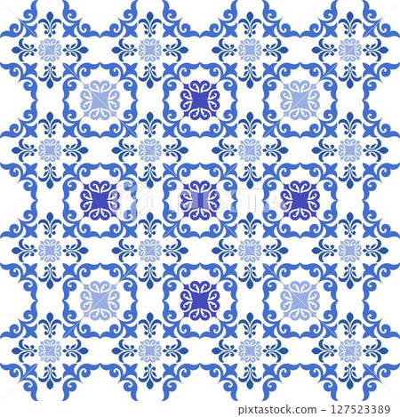 Mediterranean floral seamless pattern of blue red and yellow tiles. Ethnic mosaic design of Portuguese, Italian, Spanish decorative motifs. Ornament for home textile or ceramic. Vector illustration Mediterranean floral seamless pattern of blue red and yellow tiles. Ethnic mosaic design of Portuguese, Italian, Spanish decorative motifs. Ornament for home textile or ceramic. Vector illustration 127523389